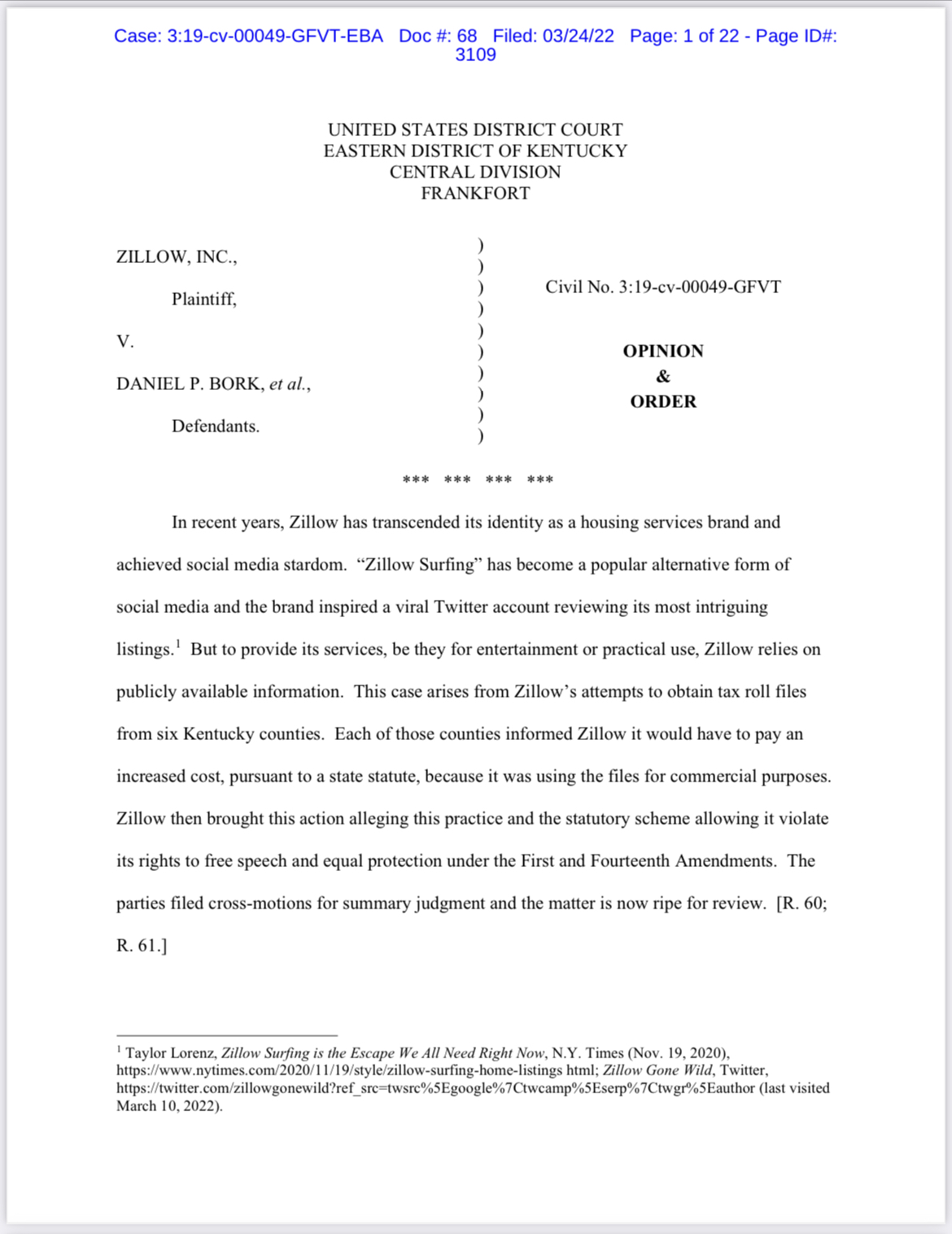 Zillow, Inc. v Daniel Bork, et al.