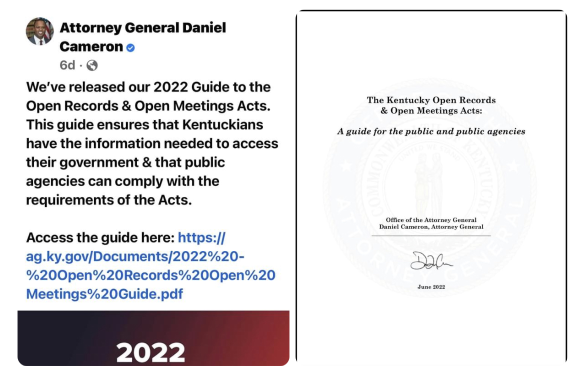 Attorney General Daniel Cameron’s Facebook announcement of release of open records/meetings guide 