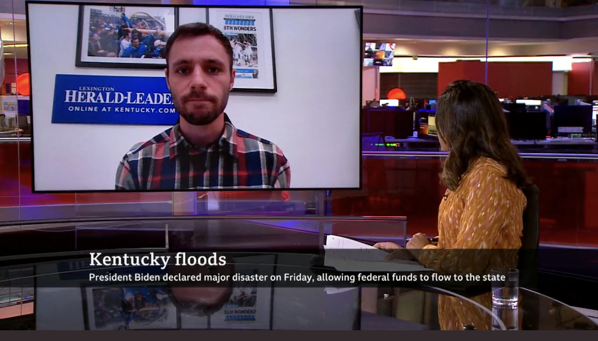 Screenshot of Coalition co-director and Herald-Leader reporter, Austin Horn, appearing on BBC News to discuss flood damage