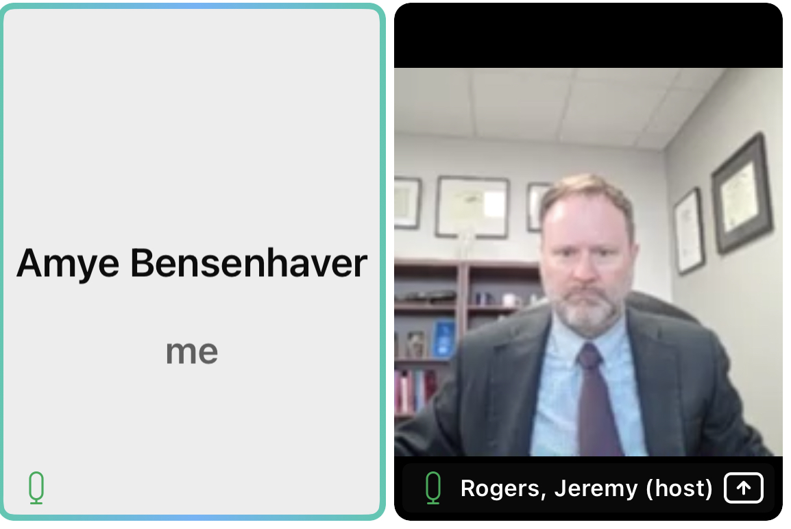 Photo of webinar moderator Jeremy Rogers and an unseen Amye Bensenhaver 