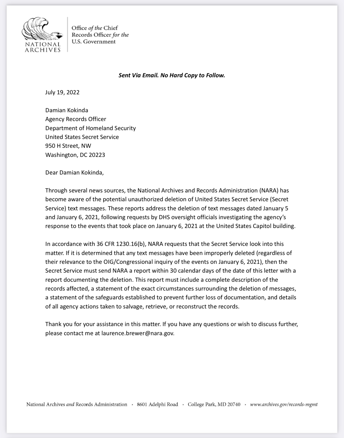 Letter from National Archives to US Secret Service inquiring about improper destruction of text messages 