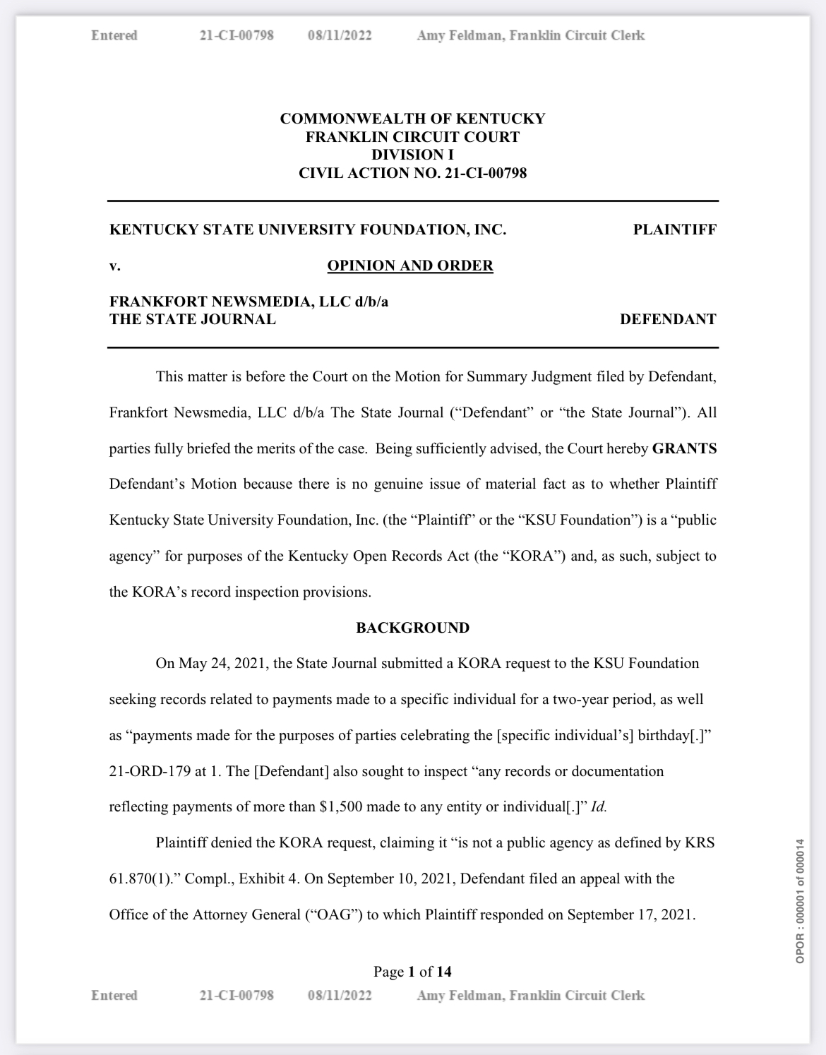 First page of August 11 Franklin Circuit Court opinion declaring that Kentucky State University Foundation is a public agency for open records purposes