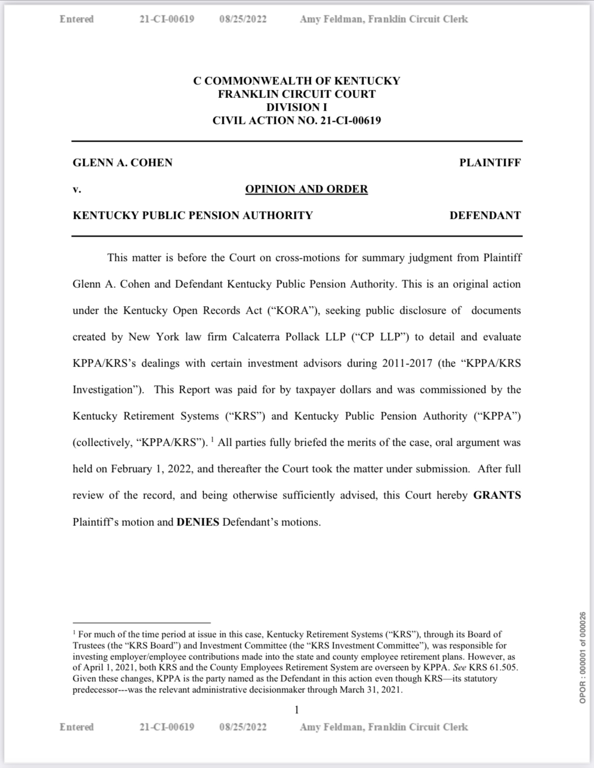 First page of Franklin Circuit Court’s opinion in Cohen v KPPA