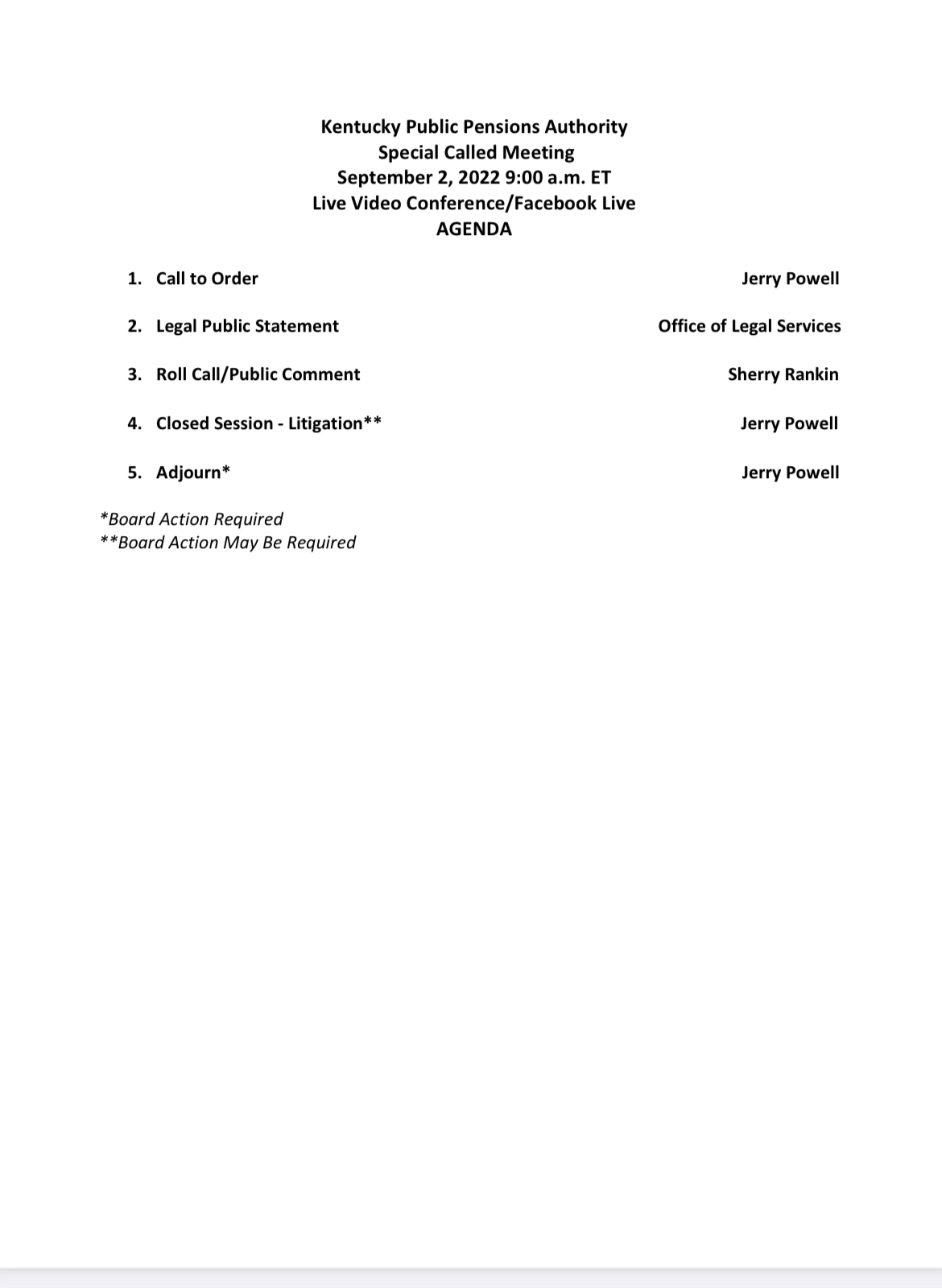 Agenda for KPPA September 2 Special Meeting