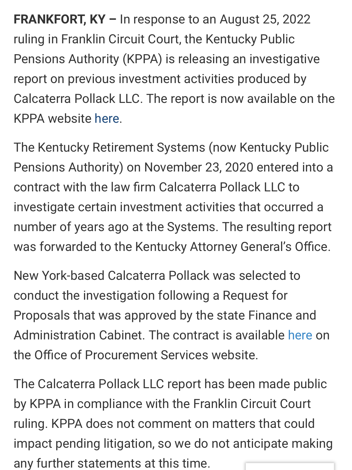 KPPA Press Release announcing release of Calcaterra Report