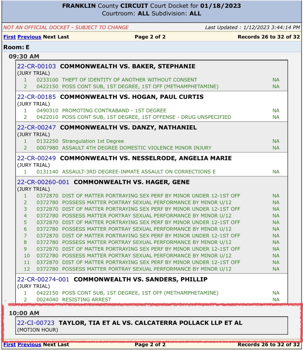 January 18 Docket sheet