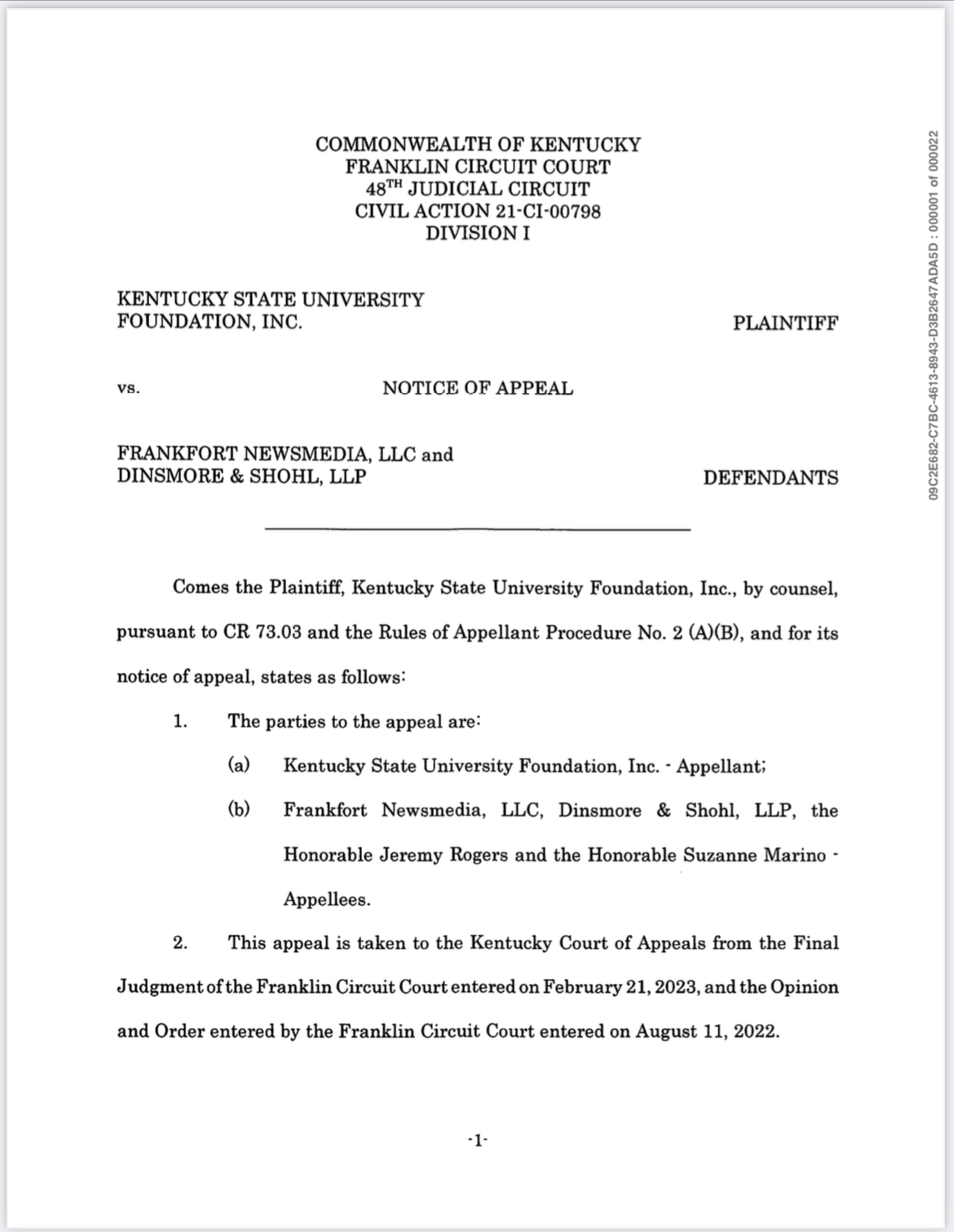 Notice of Appeal in KSU Foundation v State Journal