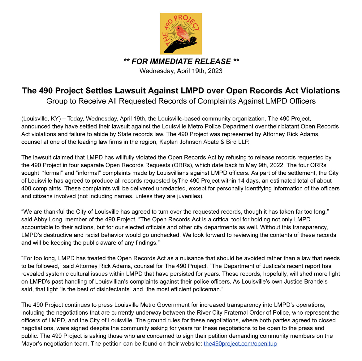 The 490 Project press release announcing settlement 