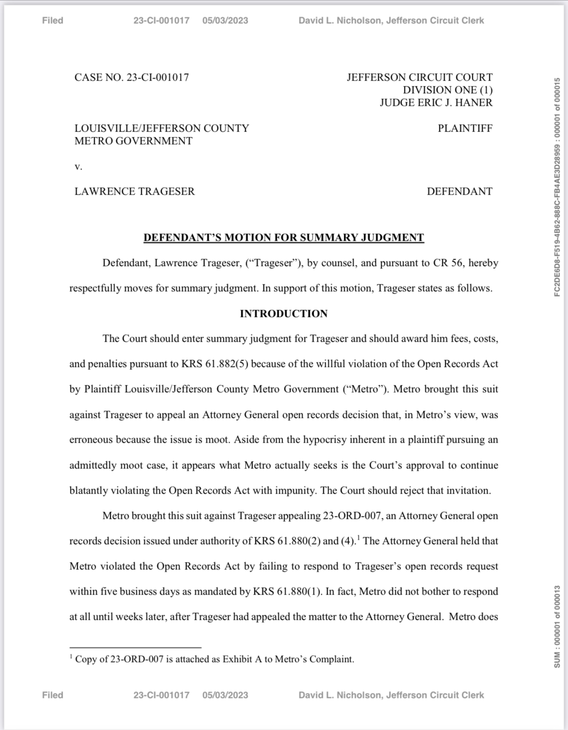 Motion for Summary Judgment in Louisville Metro v Trageser