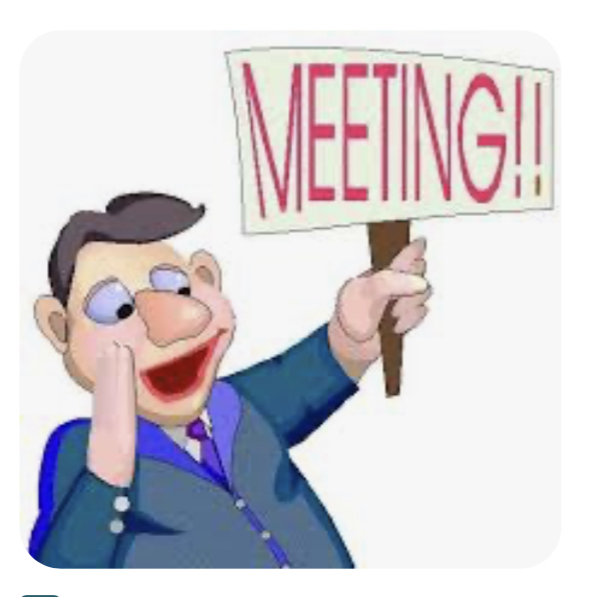 Cartoon image of man holding a sign proclaiming “MEETING!!”