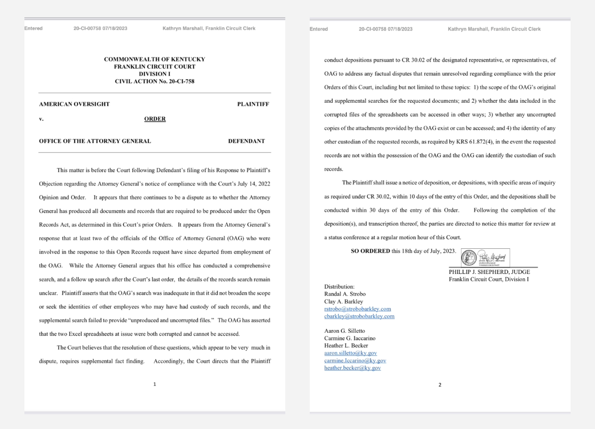 Franklin Circuit Court’s July 18 order in American Oversight v Office of the Attorney General 