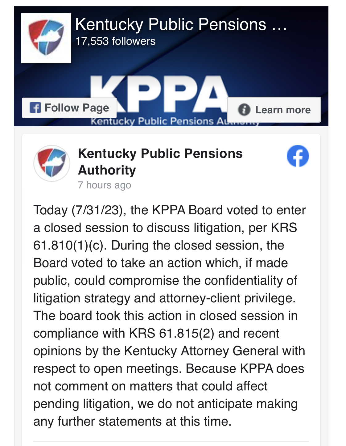 July 31 KPPA statement concerning closed session