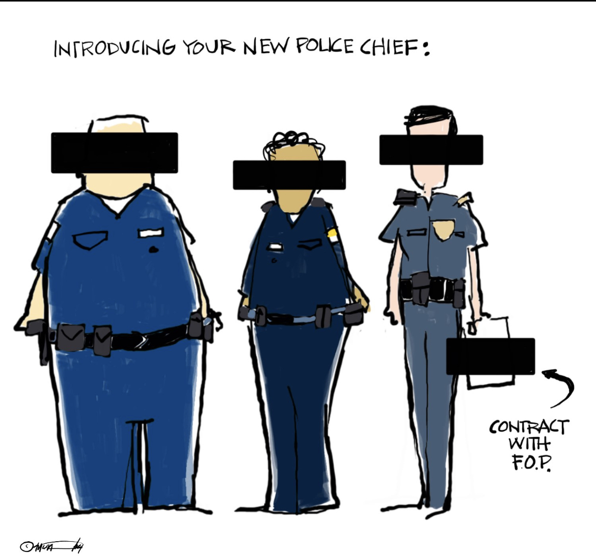 Mark Murphy editorial cartoon from Courier Journal depicting LMPD chief candidates with identities hidden