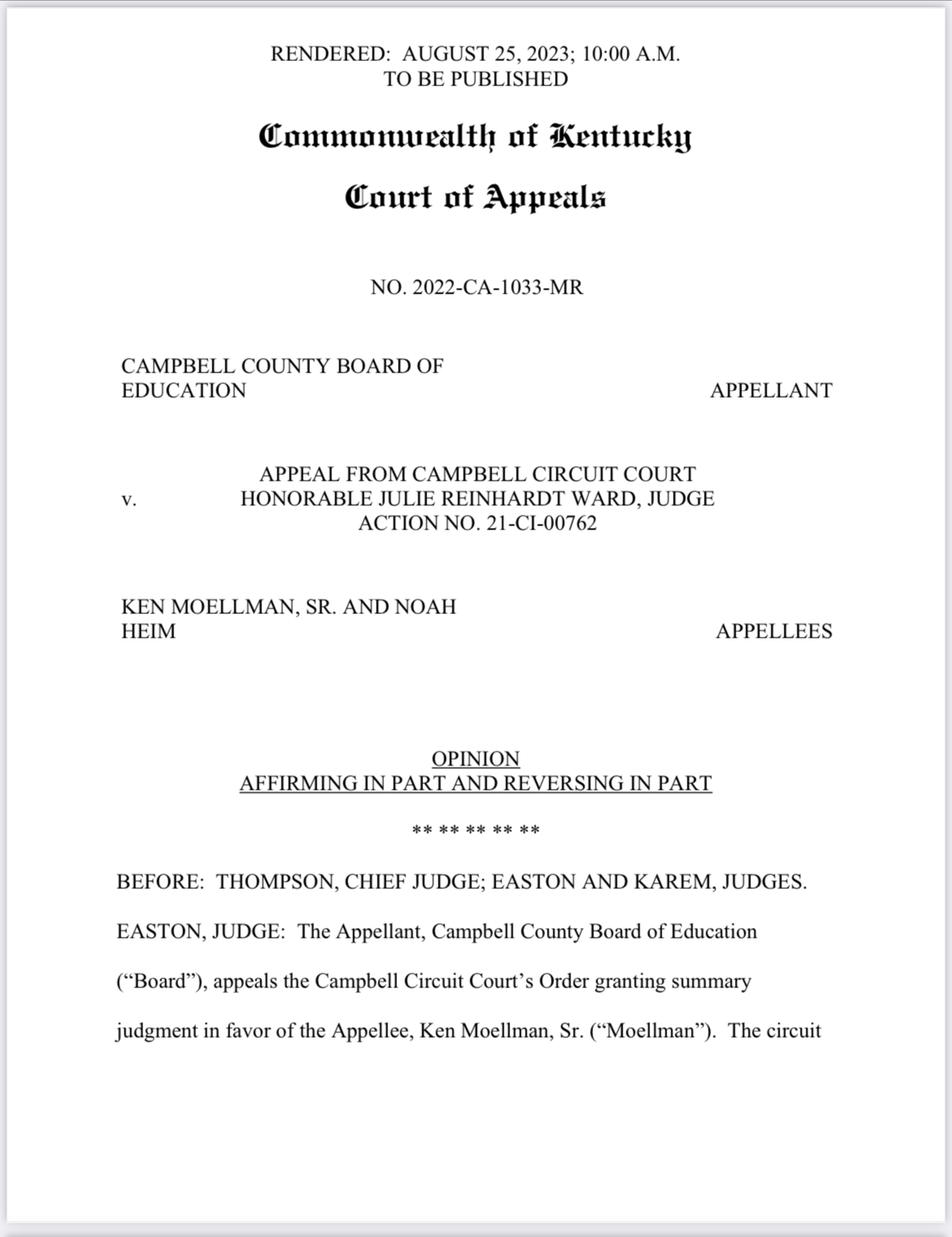 First page of Court of Appeals opinion in Campbell County v Moellman