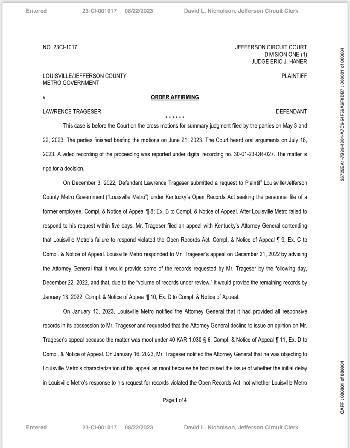 First page in Louisville Metro v Trageser