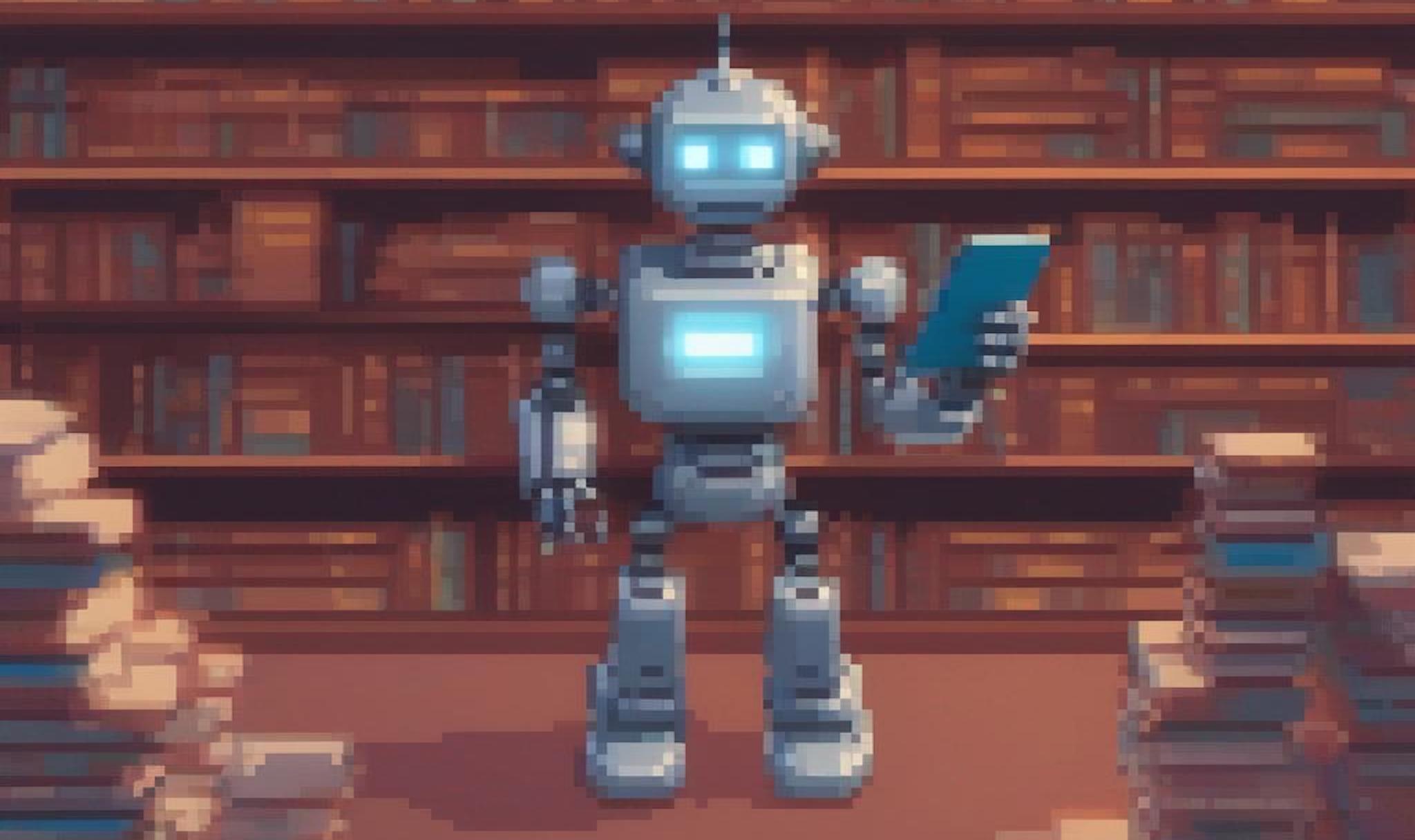 AI (Pixel Art XL) - A cartoon of a helpful robot scanning a beam of light over stacks of books