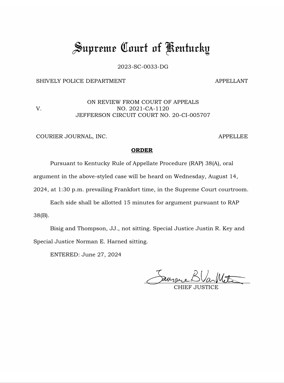 Supreme Court order in Shively Police Dept v Courier Journal 