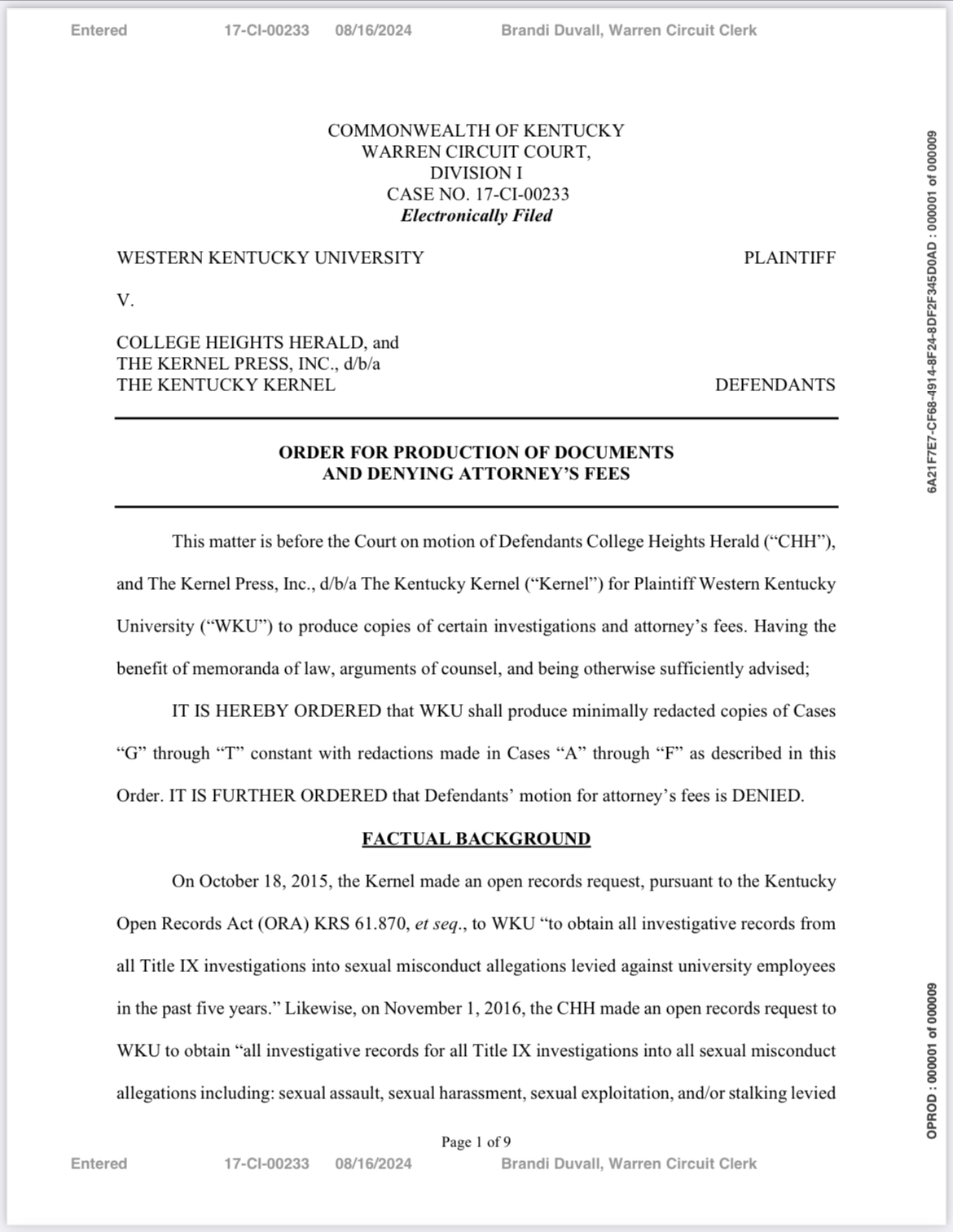 Warren Circuit Court order in WKU v CHH and The Kernel