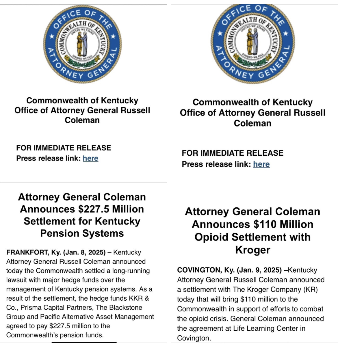 Attorney General’s press releases concerning settlements