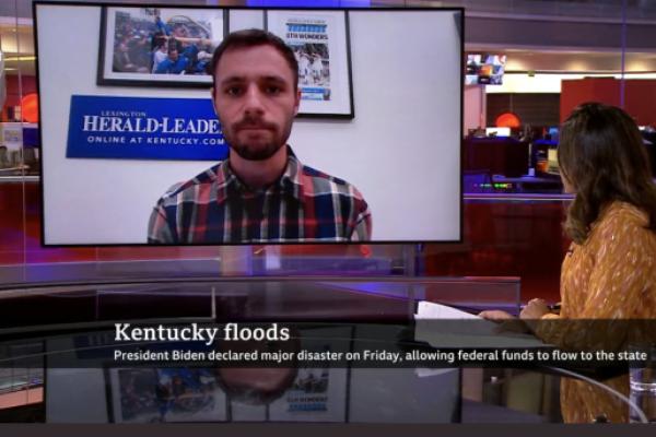 Screenshot of Coalition co-director and Herald-Leader reporter, Austin Horn, appearing on BBC News to discuss flood damage