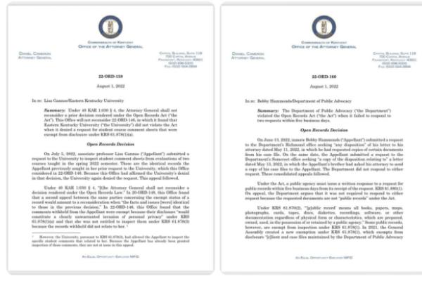 First page of two recently issued open records decisions issued by the Kentucky Attorney General 