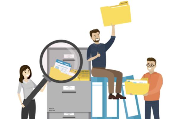 Image if three people searching for missing records in file cabinet and on computer