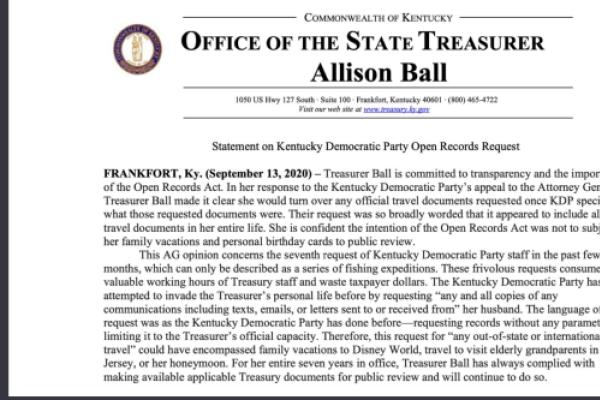 Statement issued by Treasurer Allison Ball