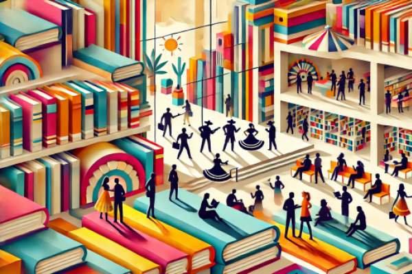 Colorful illustration of a Latin-inspired library, abstract. AI Generated with ChatGPT.